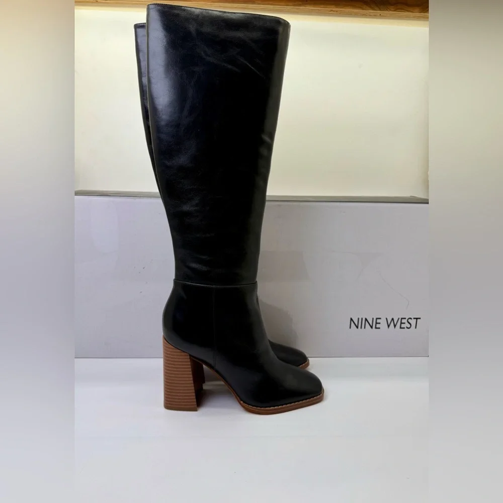 Nine West Tall Black Leather‎ Block Heel Boots – Size 5 – New in Box